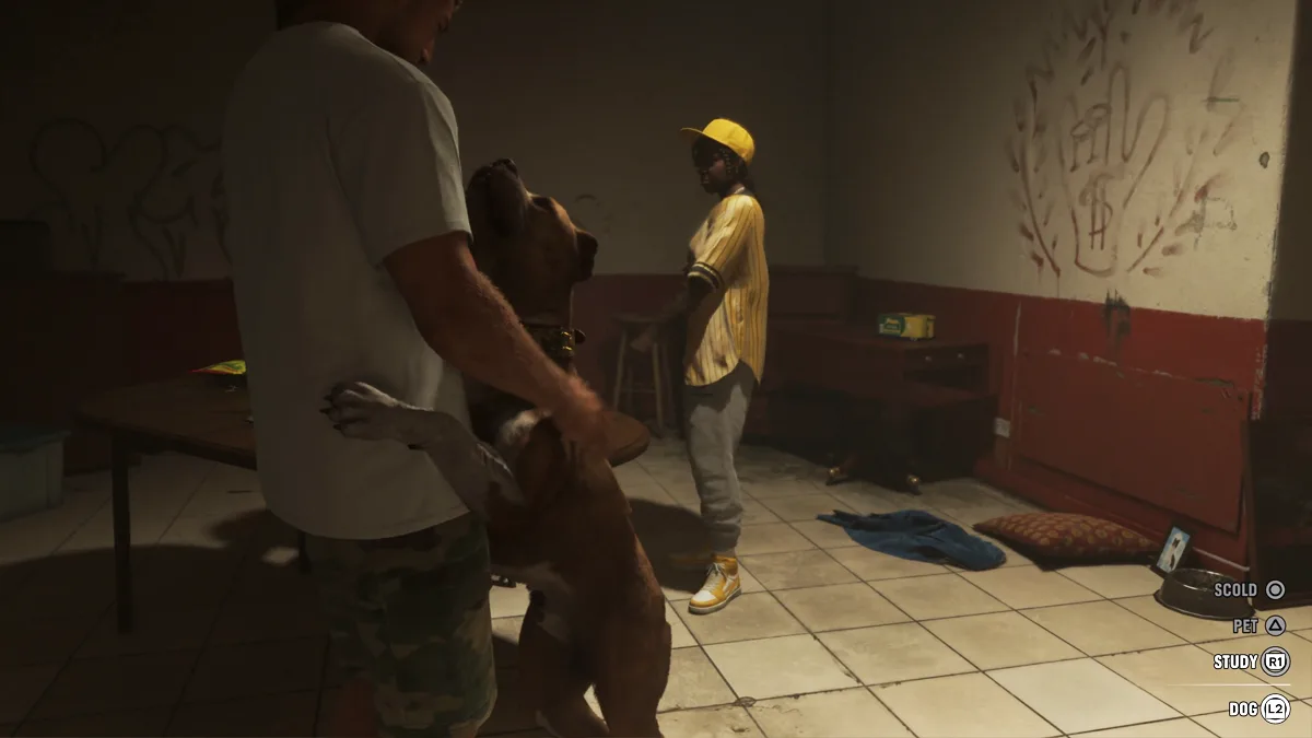 The dog interaction menu in GTA 6: pet, scold, study