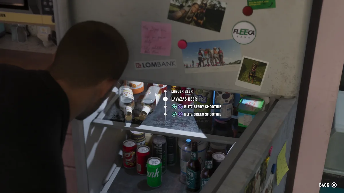 The GTA 6 safehouse fridge open on a menu of consumable items