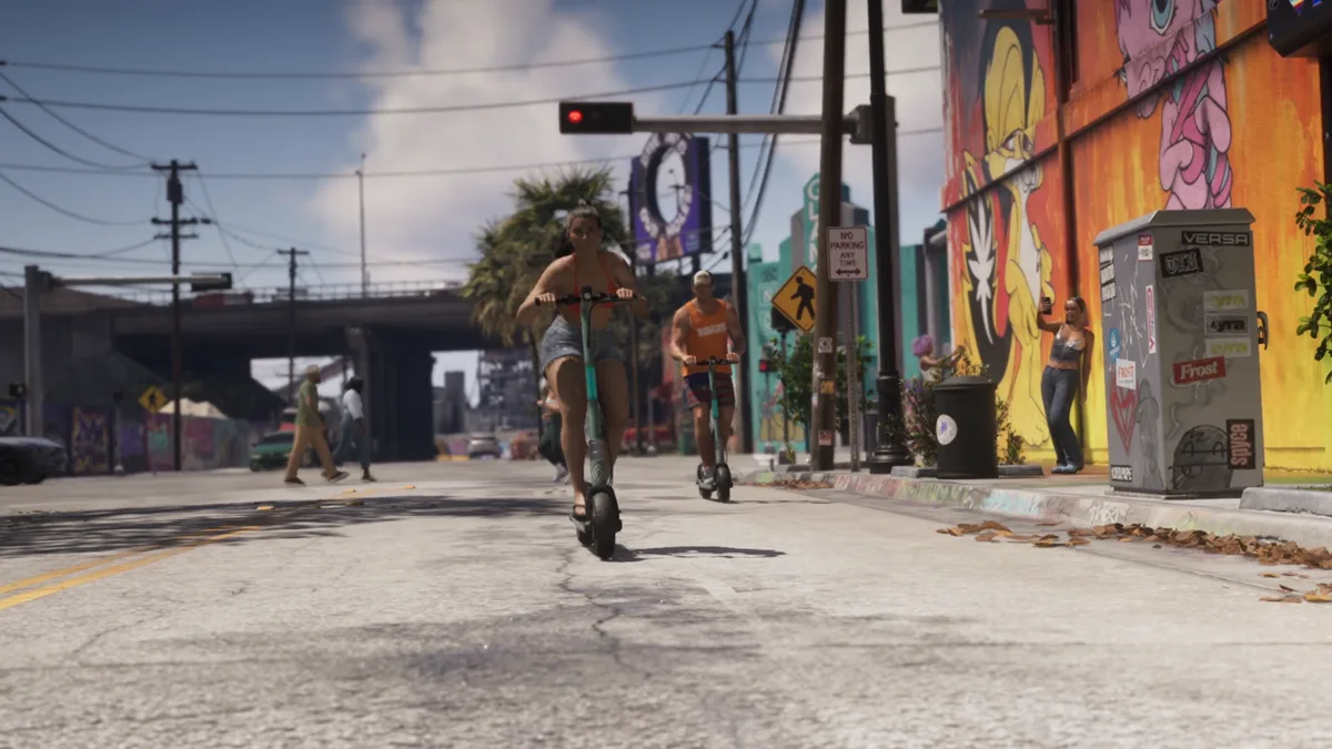 Two self-service electric scooters in a Vice City street