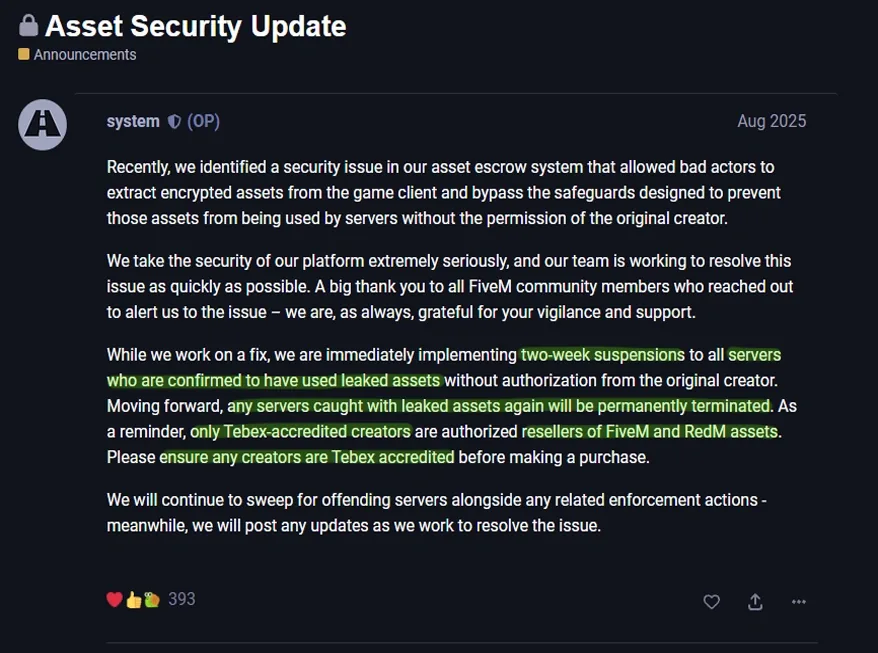 Official Cfx.re announcement about enforcement against servers running assets from a leak